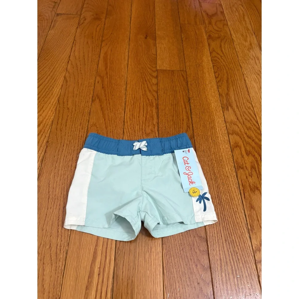 Cat & Jack Toddler Boys  Blue Colorblock Palm Tree Swim Trunks 12M NWT UPF 50+